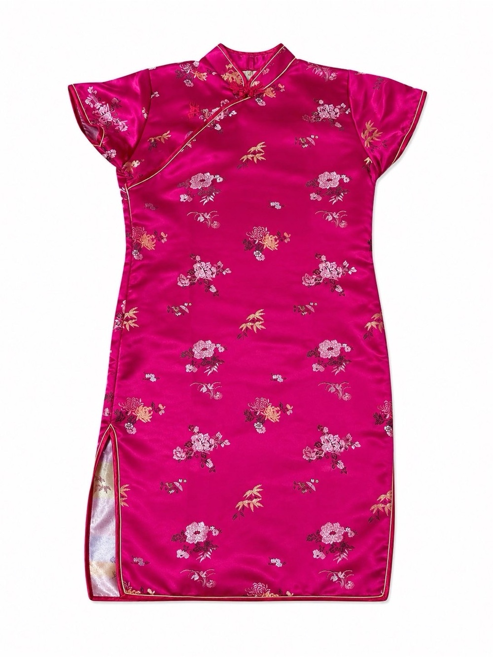 Women's Pink Satin Cheongsam Dress Size 16 Floral Embroidered Qipao Style Dress